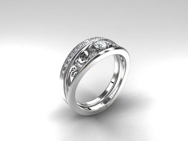 Mariage - Diamond engagement ring set, white gold ring, diamond solitaire, half eternity, diamond wedding ring set, filigree ring set, unique ring set