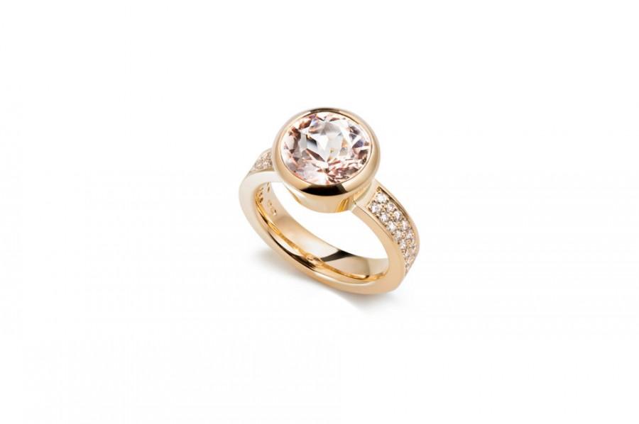 Hochzeit - Ready to ship  size 5, 3.64ct Peach morganite engagement ring made from yellow gold, diamond, unique, bezel, solitaire, wide ring, pave