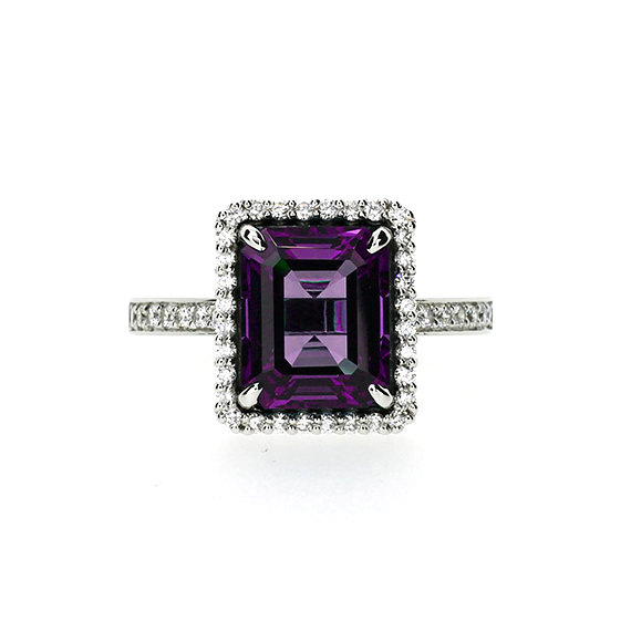 زفاف - Emerald cut amethyst halo engagement ring with diamonds, white gold, halo engagement ring, amethyst, purple engagement, unique