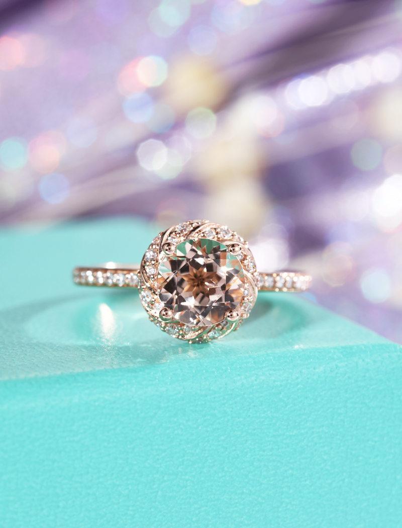 زفاف - Art deco engagement ring Vintage rose gold engagement ring antique Morganite ring Unique Half eternity Diamond wedding Flower Bridal Jewelry
