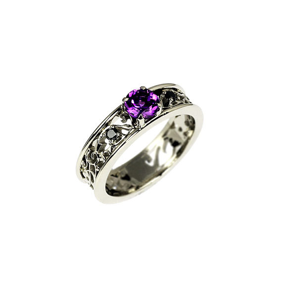 Wedding - Royal filigree ring with amethyst and black diamonds, engagement ring, black Diamond,  unique, filigree engagement, gothic, purple, black