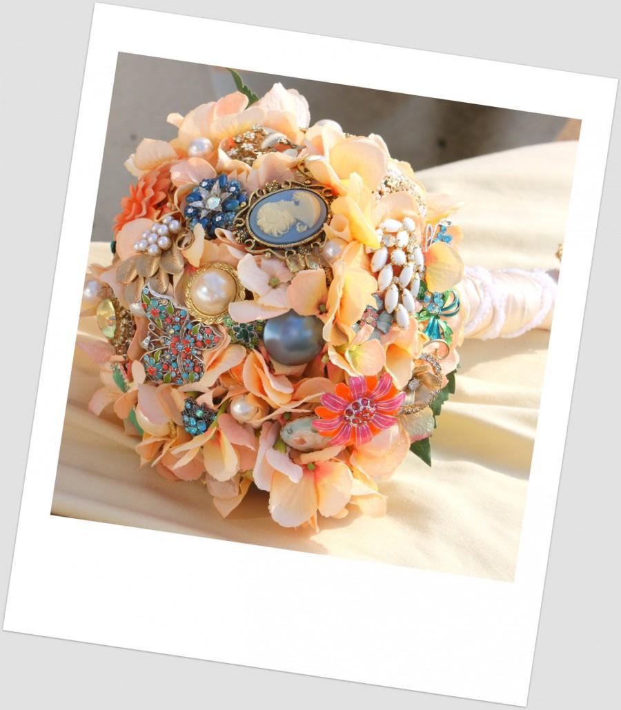 Hochzeit - Brooch Bouquet Vintage Bridal bouquet peach jewelry button bouquet teal