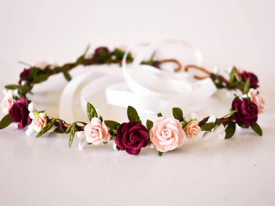 Hochzeit - Burgundy and Blush Flower Crown. Fall flower crown. Burgundy flower crown. Burgundy headpiece. Wine flower crown. Pink floral crown. Boho