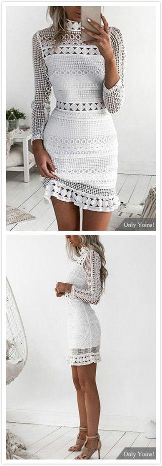 زفاف - White Lace Cut Out Design High Neck Long Sleeves Dress