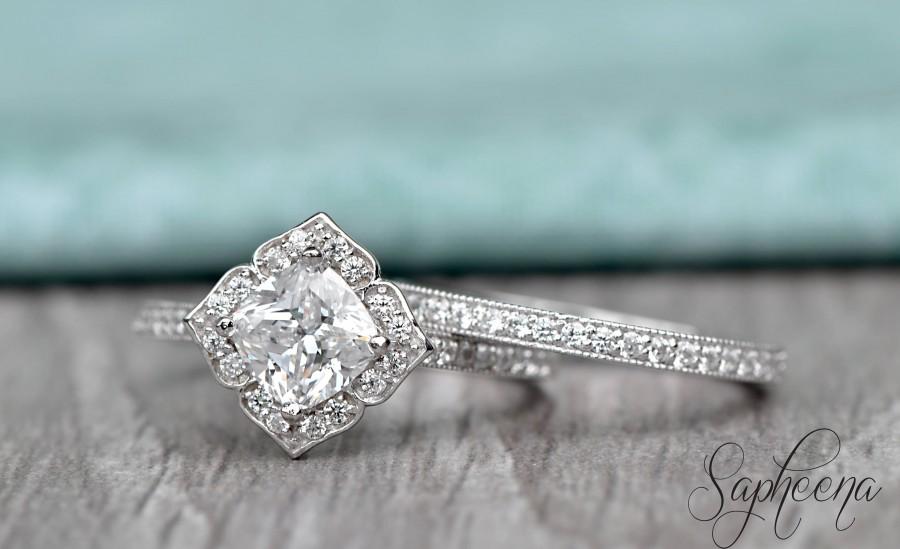 زفاف - White Vintage Floral Cushion Cut Engagement Ring with Band in 14k White Gold, 6x6mm Cushion Bridal, Milgrain Wedding Band by Sapheena
