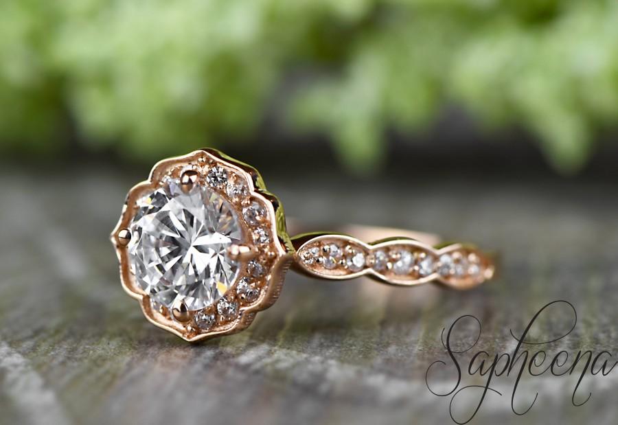 Hochzeit - Brilliant Round Cut Vintage Floral Engagement Ring in 14k Rose Gold, Bridal Ring, 6.5mm Round Cut, Promise Ring, Wedding Ring by Sapheena