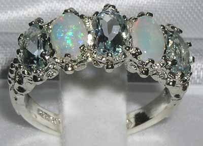 Wedding - 14K White Gold Natural Aquamarine &  Colorful Opal Half Eternity Band, English Victorian Design Stackable Ring - Customize: 9K,18K