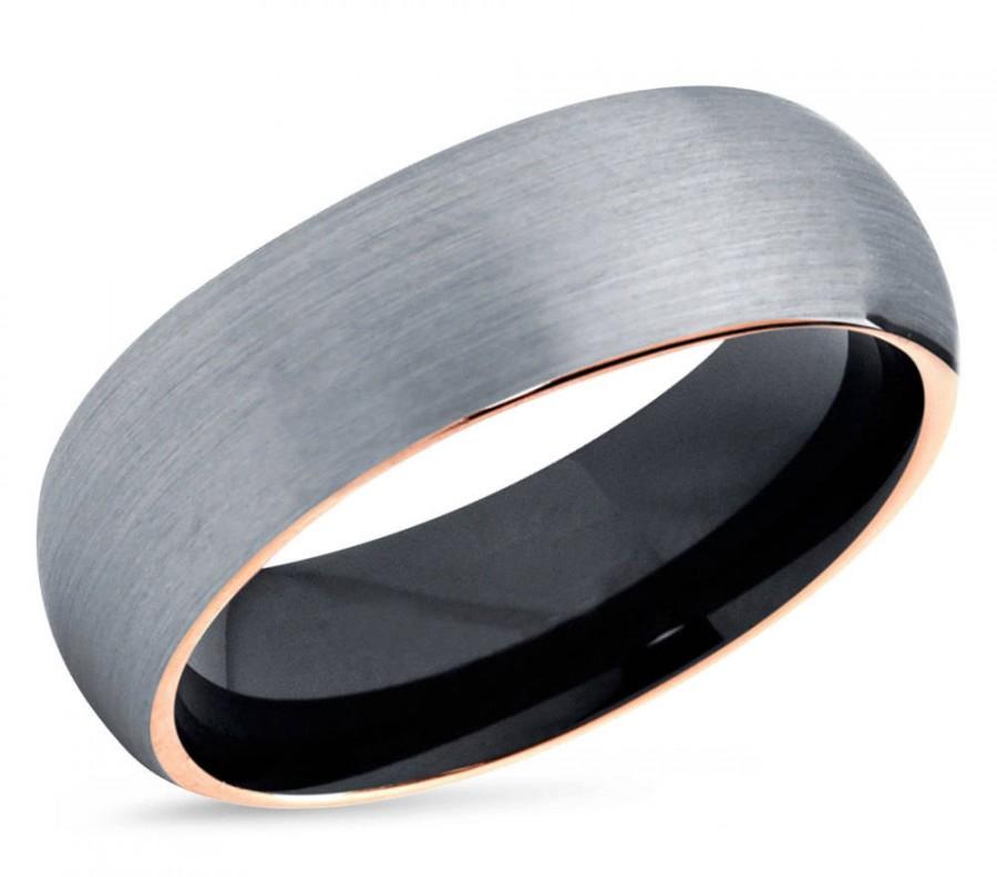 Mariage - Brushed Silver Black Tungsten Ring Rose Gold Wedding Band Ring Tungsten Carbide 7mm 18K Tungsten Ring Man Male Women Anniversary Matching