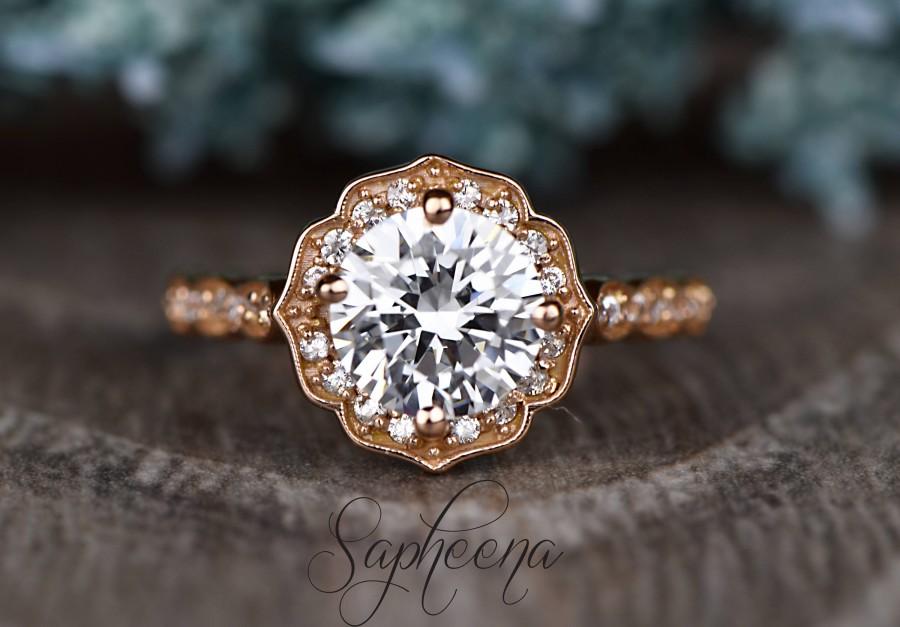 Hochzeit - Brilliant Round Cut Vintage Floral Engagement Ring in 14k Rose Gold, Bridal Ring, 7.5mm Round Cut, Promise Ring,Wedding Ring by Sapheena