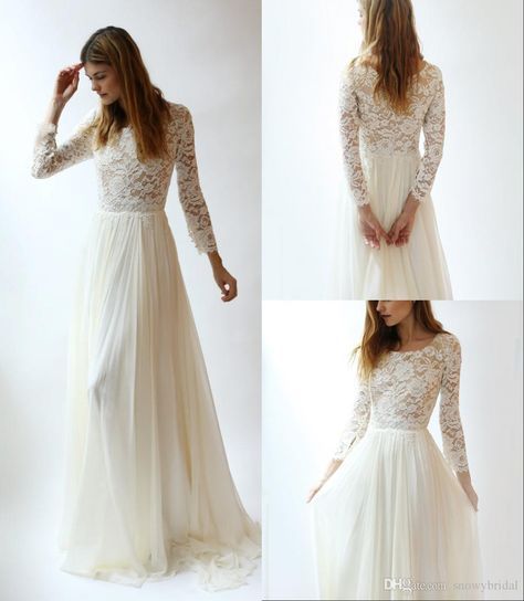Свадьба - Long Sleeves Lace Modest Wedding Dresses With Long Lace Sleeves Bohemian Elegant A-line Floor Length Boho Bridal Dress Beach Wedding