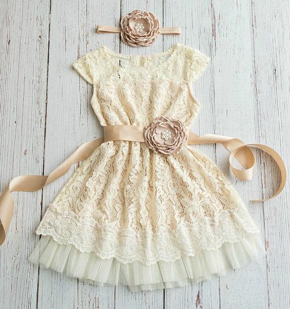 Mariage - Rustic Flower Girl Dress,  Country flower girl dress, Ivory Champagne flower girl lace dress, Junior Bridesmaid,Baby toddler lace dress