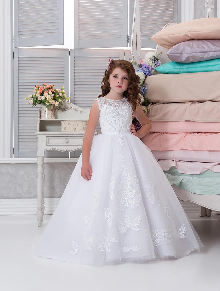 IWEMEK Flower Girls Bridesmaid Wedding Dress Princess First Communion Party Bowknot Dress Evening Cocktail Christening Pageant Birthday Christmas Elegant Long Sleeve Lace Prom Ball Gown Photography 
