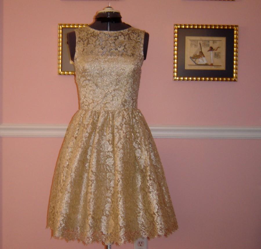 زفاف - Ivory and Gold French Lace Dress/ finished bust 37"