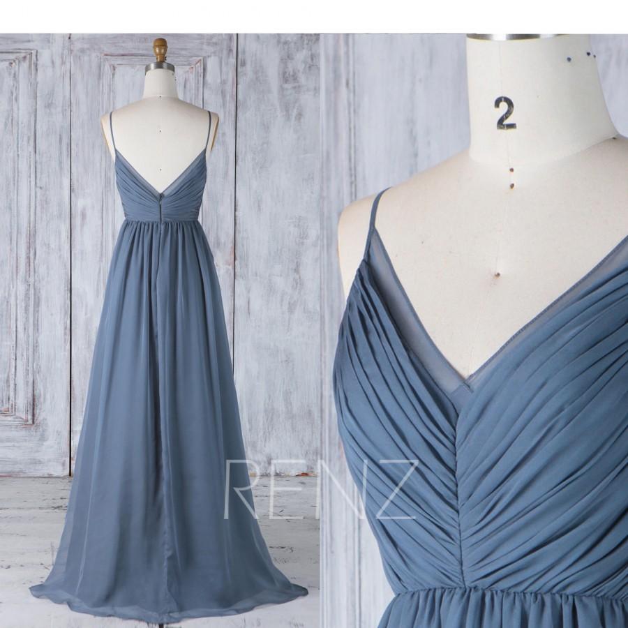 Hochzeit - Bridesmaid Dress Dark Steel Blue Chiffon Wedding Dress,Spaghetti Straps A Line Prom Dress,Ruched V Neck Evening Dress Floor Length(H505)