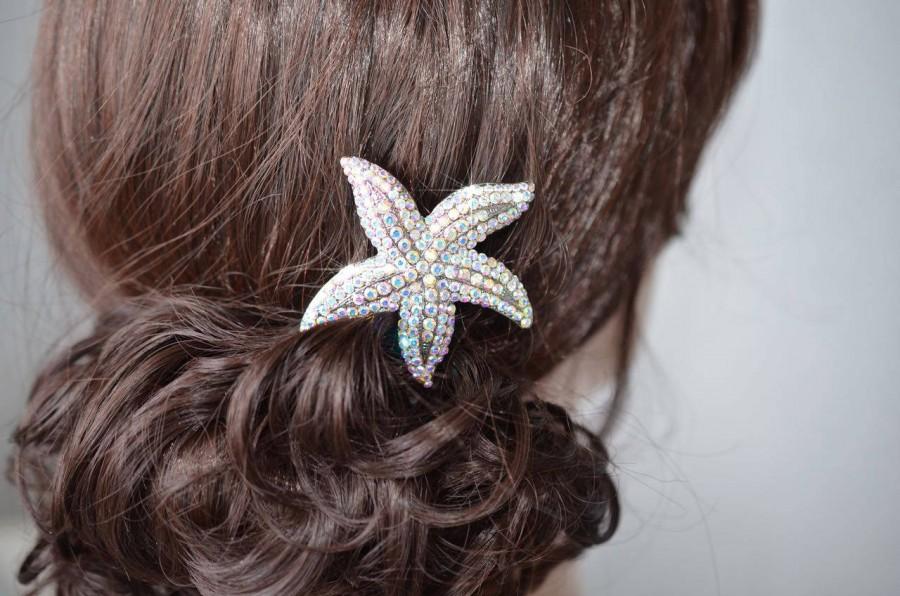 Hochzeit - Handmade Aurora Borealis AB Crystal Rhinestone Starfish Hair Clip, Bridal, Wedding (Sparkle-2727)