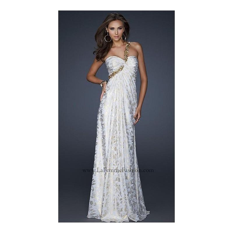 زفاف - La Femme White Gold Beaded Flower Strap Prom Dress 17805 - Brand Prom Dresses