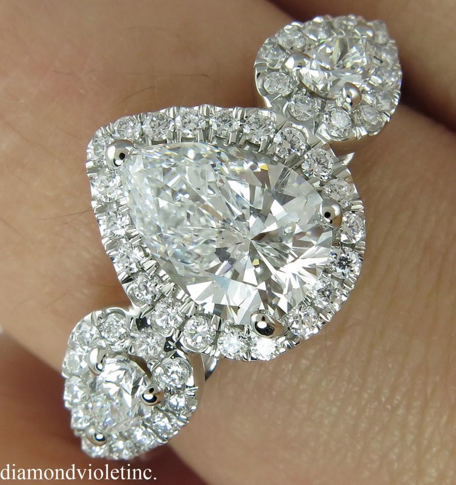 Mariage - GIA 2.12ct Estate Vintage Pear Diamond Three Stone Engagement Wedding Platinum Ring
