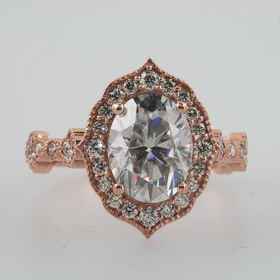 Свадьба - Oval 9x7 Moissanite Forever One Brilliant Halo Engagement Ring Moissanite and Diamond Antique Vintage style Ring 14k Rose Gold