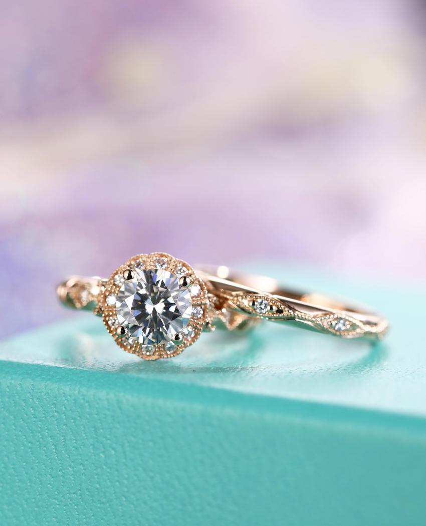 Свадьба - Vintage Moissanite engagement ring set antique Art deco engagement ring Floral Rose gold wedding ring women gift Flower Bridal Jewelry