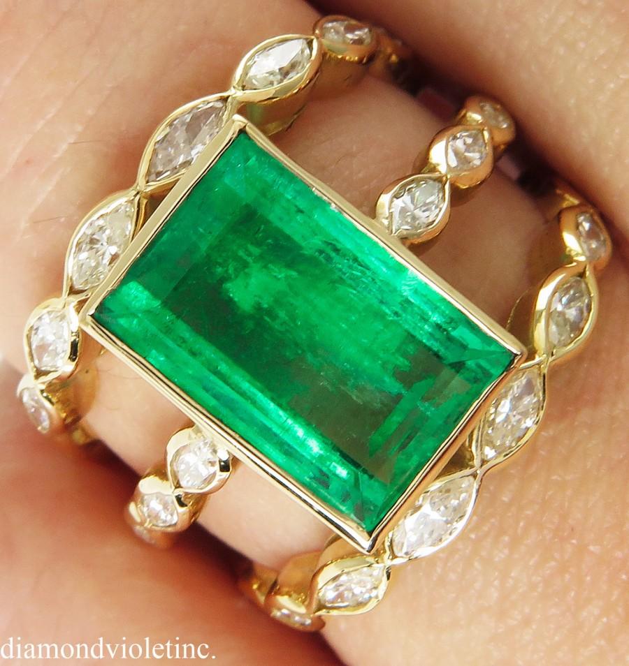زفاف - GIA 4.75ct Estate Vintage Colombian Green Emerald Diamond Engagement Wedding 18k Yellow Gold Ring