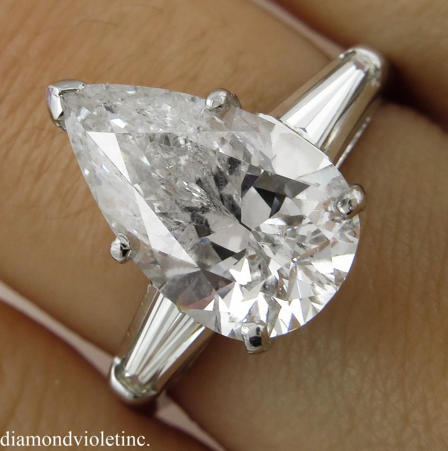 زفاف - 4.48ct Estate Vintage Solitaire Pear Diamond Engagement Wedding Platinum Ring EGL USA
