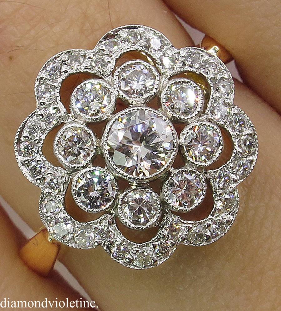 زفاف - 1.35ct Estate Vintage Round Diamond Cluster Engagement Wedding Platinum/18k Yellow Gold Ring