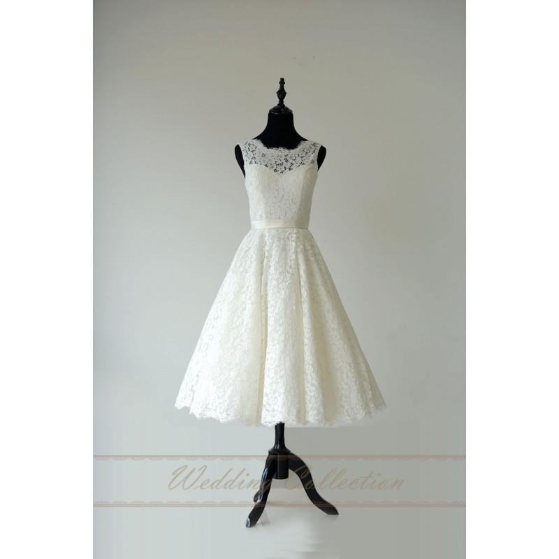 Hochzeit - Lace Wedding Dress Sheer Neckline with Waistband Tea Length Garden Bridal Dress - Hand-made Beautiful Dresses