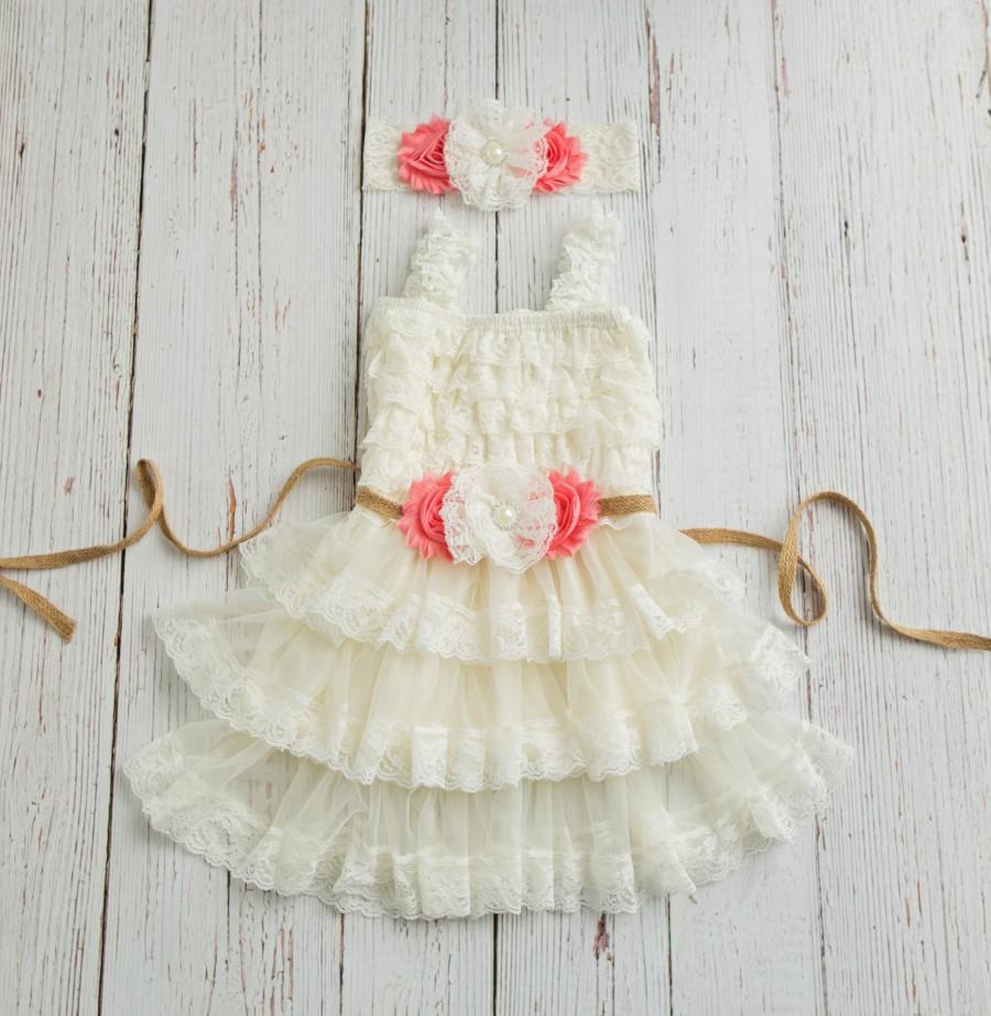 Hochzeit - Lace Burlap Rustic Flower Girl Dress, Country Flower Girl Dress, Ivory lace flower girl dress, baby flower girl dress, flower girl dresses