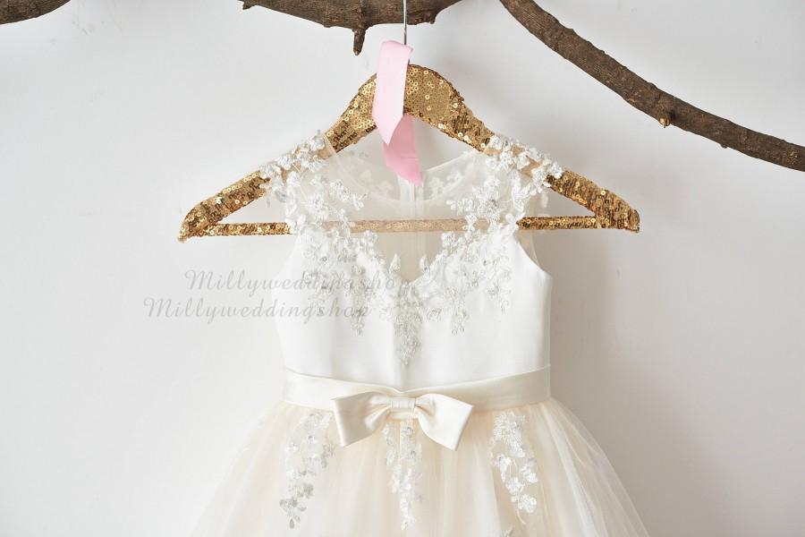 Wedding - Illusion Sheer Neck Ivory Beaded Lace Champagne Tulle Wedding Flower Girl Dress M0062