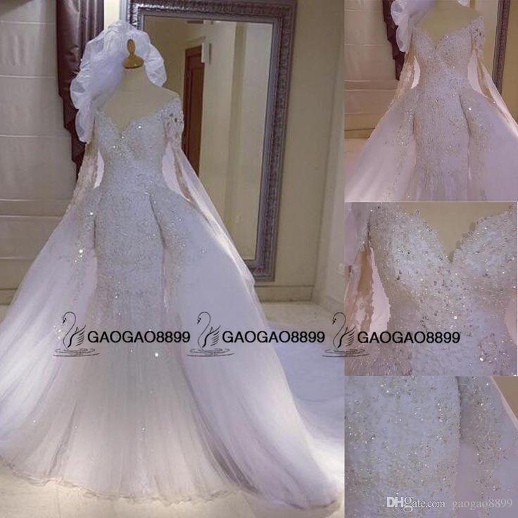 Mariage - 2016 Full Lace Beaded Mermaid Detachable Train Wedding Dresses With Long Sleeves Dubai Arabic Kaftan Style Over Skirt Wedding Gowns