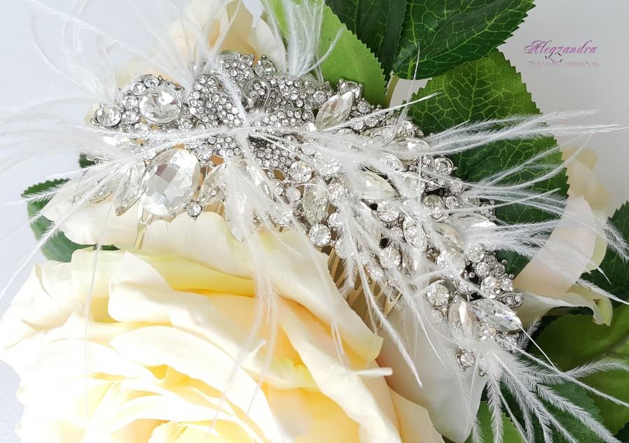 زفاف - Crystals and Feathers from Marabu Bridal Comb,Crystals and Feathers Headpiece,Bridal Jewelry, Bridal Hair Vine,Wedding Head Piece - $48.99 USD