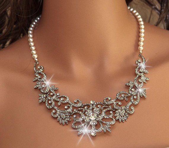 Wedding - NICOLA - Vintage Inspired Rhinestone And Swarovski Pearl Bridal Necklace