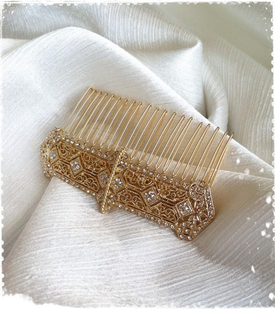 Hochzeit - 1920s Art Deco Gatsby Inspired Crystal Gold Veil Comb Wedding Hair Accessory-Vintage Victorian Edwardian Bridal Headpiece-"ALEKSIA gold