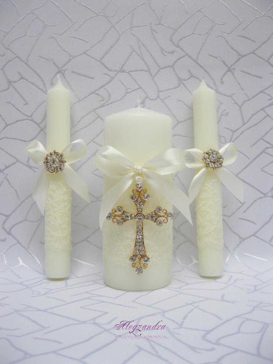 Hochzeit - Unity Candle Set, Gold Cross and Crystals Candle Set, Church Wedding Unity Candles for Wedding, Lace Unity Candle Set - $19.99 USD