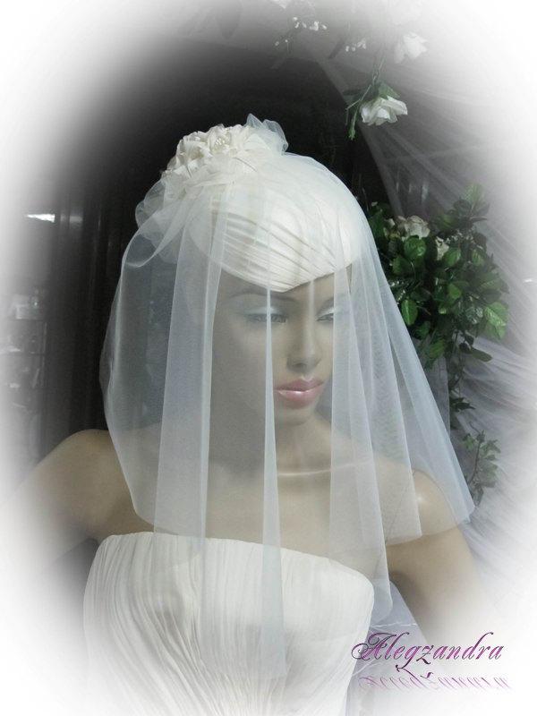 زفاف - Gorgeous White Wedding Hat with Handmade Roses and Birdcage Veil, Bridal Hat, - $174.99 USD