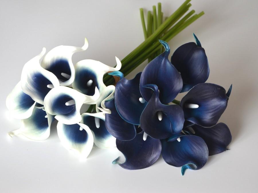 زفاف - Navy Blue Picasso Calla Lilies Real Touch Flowers For Wedding Bouquets Centerpieces