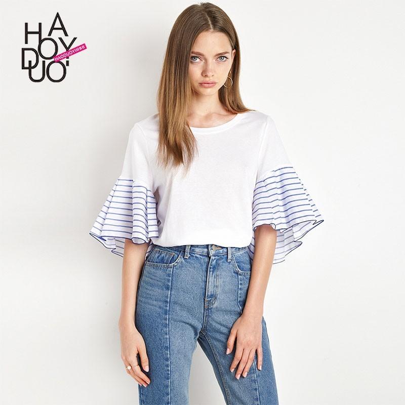Wedding - Casual Vogue Sweet Split Front Flare Sleeves Short Sleeves Stripped Summer T-shirt - Bonny YZOZO Boutique Store