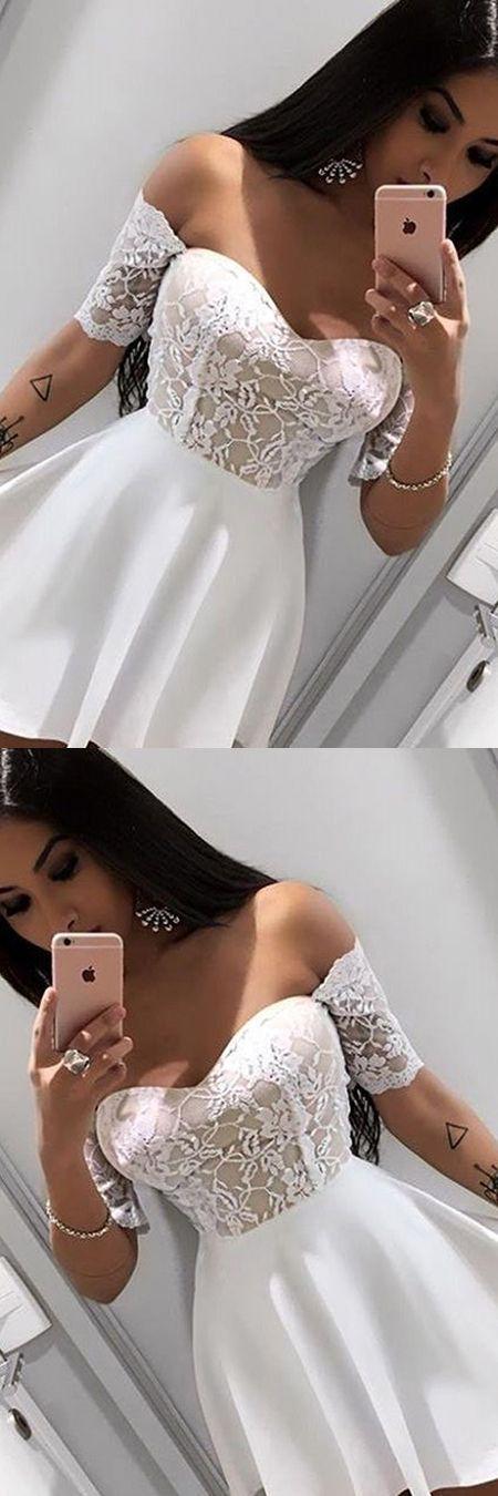 Свадьба - Fashion A-Line Off-The-Shoulder Short Sleeves White Short Homecoming Dress With Lace
