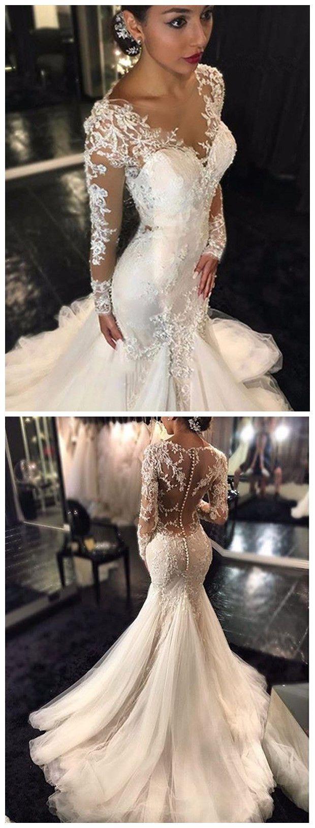Hochzeit - Trumpet/Mermaid V-neck Long Sleeves Lace Court Train Tulle Wedding Dresses