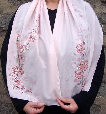 Women's Vintage Pink Scarf Cherry Blossoms Flower Print 100% Silk Kerchief 53cm