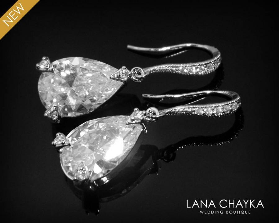 Wedding - Teardrop Crystal Bridal Earrings Clear CZ Chandelier Wedding Earrings Cubic Zirconia Silver Earrings Crystal Dangle Earrings Prom Jewelry - $33.50 USD
