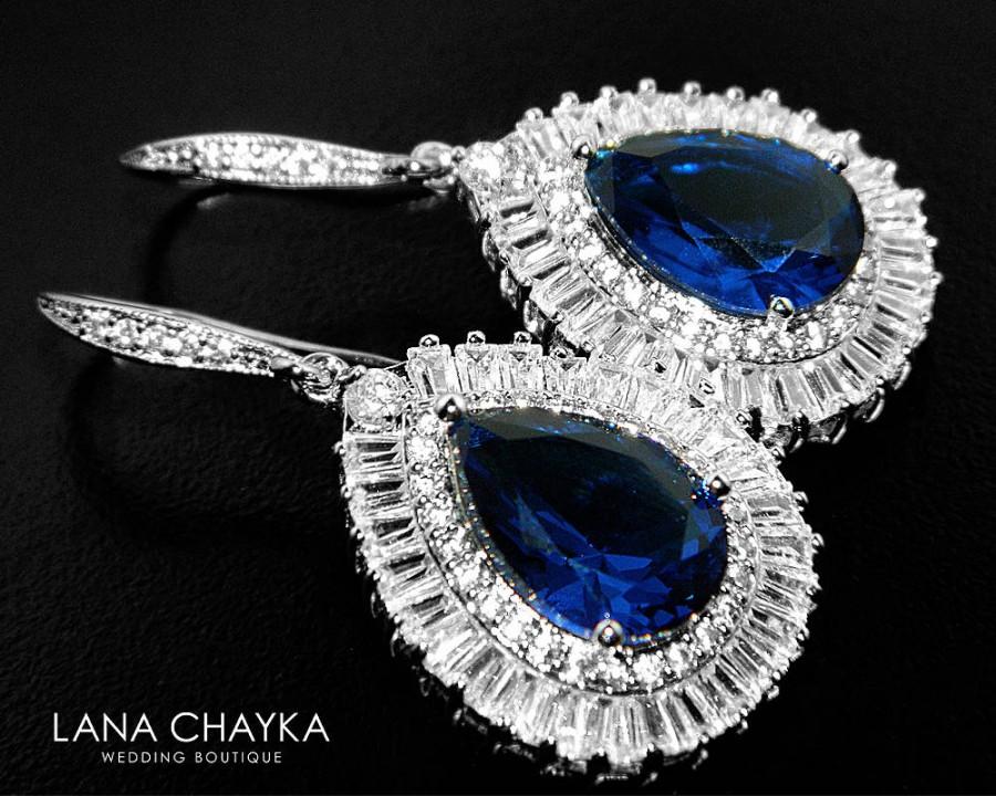 Mariage - Navy Blue Teardrop Bridal Earrings Blue CZ Chandelier Wedding Earrings Royal Blue Halo Silver Earrings Cubic Zirconia Large Dangle Earrings - $35.90 USD