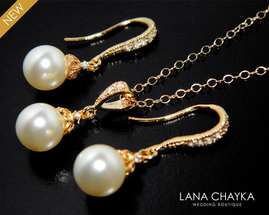 Hochzeit - Bridal Pearl Gold Jewelry Set Swarovski 8mm Ivory Pearl Earrings&Necklace Set Small Pearl Bridal Jewelry Set Bridesmaid Pearl Gold Jewelry - $21.50 USD