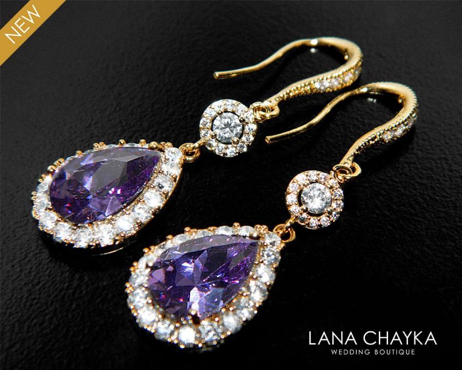 Wedding - Amethyst Crystal Gold Chandelier Earrings FREE US Ship Purple Gold Earrings Amethyst Teardrop Halo Earrings Purple Bridal Wedding Earrings - $37.90 USD
