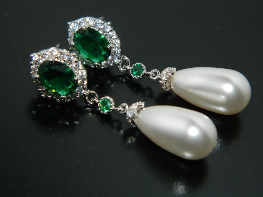 Mariage - White Teardrop Pearl Emerald Bridal Earrings Swarovski Pearl Silver CZ Wedding Earrings Pearl Chandelier Dangle Earring Bridal Pearl Jewelry - $32.90 USD