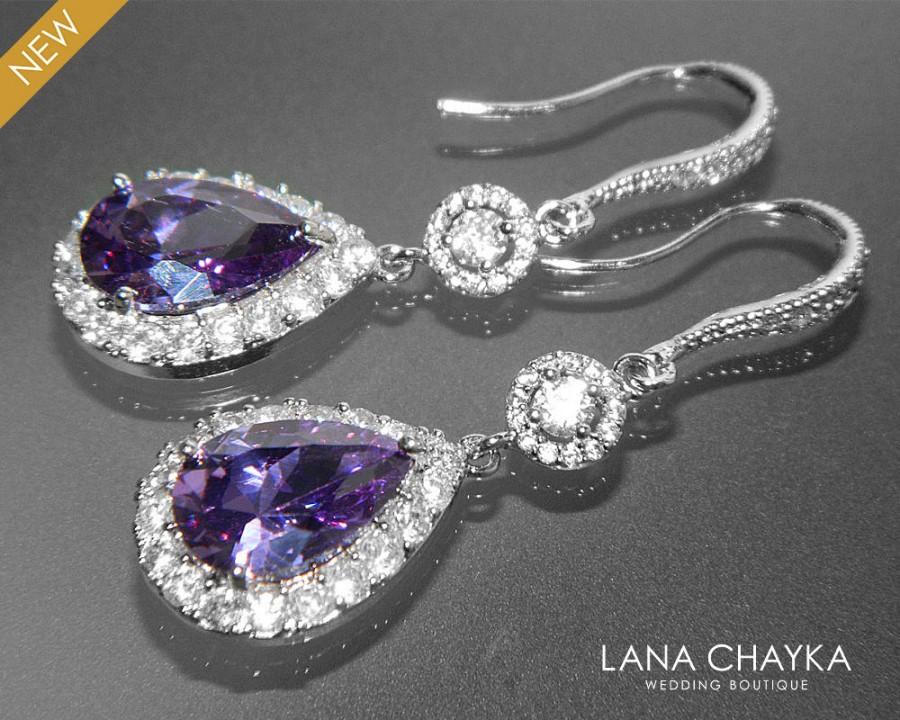 Hochzeit - Amethyst Crystal Earrings FREE US Shipping Purple Chandelier Earrings Amethyst CZ Teardrop Bridal Earrings Sparkly Halo Wedding Earrings - $37.90 USD