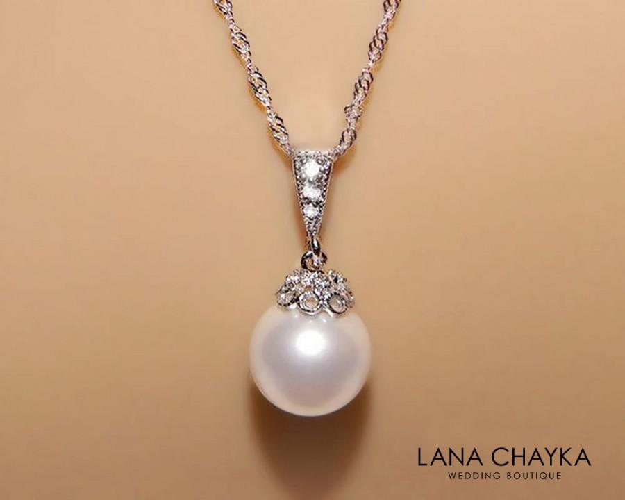 Mariage - White Drop Pearl Bridal Necklace Swarovski 10mm White Pearl Sterling Silver CZ Necklace Bridal Pearl Jewelry Wedding Single Pearl Necklace - $28.00 USD