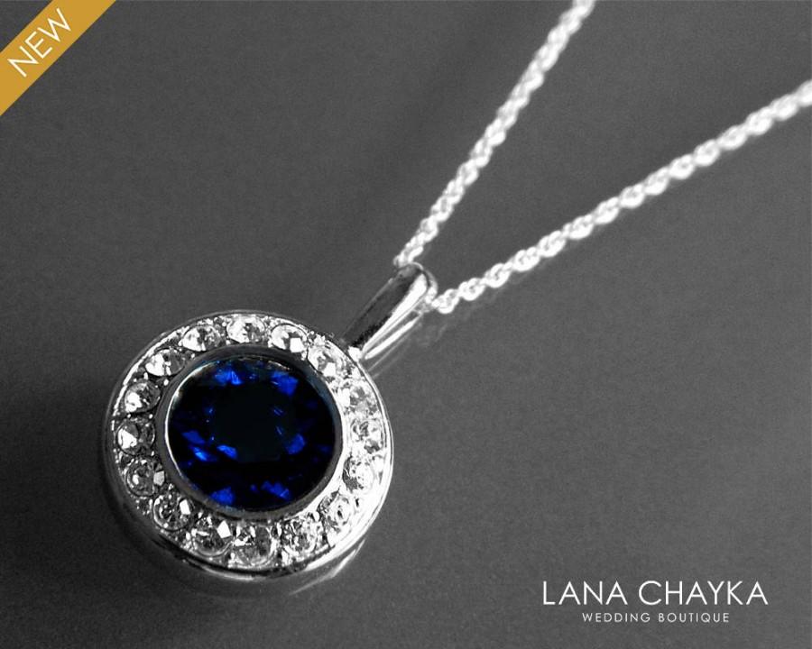 Hochzeit - Dark Indigo Silver Necklace Navy Blue Crystal Halo Necklace Swarovski Indigo Bridal Necklace Dark Navy Blue Round Pendant Wedding Jewelry - $27.90 USD