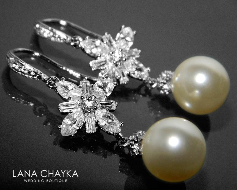 زفاف - Pearl Chandelier Bridal Earrings Swarovski 10mm Ivory Pearl Earrings White Pearl Wedding Earrings Wedding White Pearl CZ Dangle Earrings - $33.90 USD