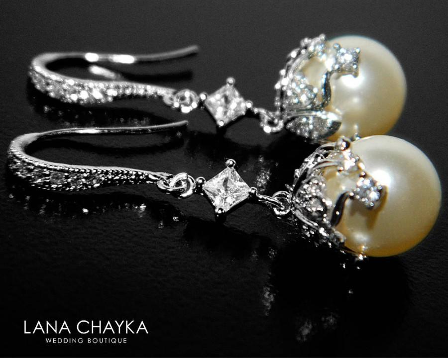 Hochzeit - Ivory Pearl Bridal Earrings Swarovski 10mm Pearl Chandelier Wedding Earrings Pearl Drop CZ Dangle Earrings Bridesmaid Jewelry Prom Earring - $34.90 USD